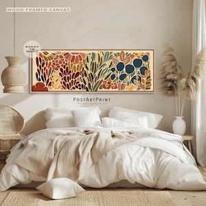Arte mural floral de mediados de siglo: Decoración botánica horizontal colorida para encima de la cama