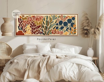 Midcentury Floral Wall Art: Colorful Botanical Horizontal Above Bed Decor