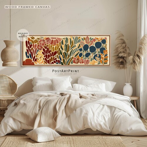 Midcentury Floral Wall Art: Colorful Botanical Horizontal Above Bed Decor