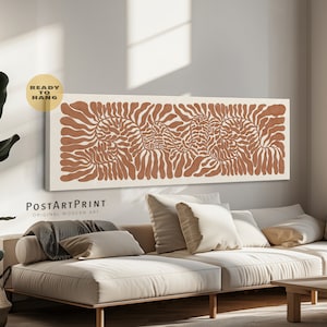 Horizontal Framed Canvas, Abstract Botanical, Long Horizontal, Terracotta Wide Art, Long Narrow Decor, Panoramic Mid Century Above Bed Decor