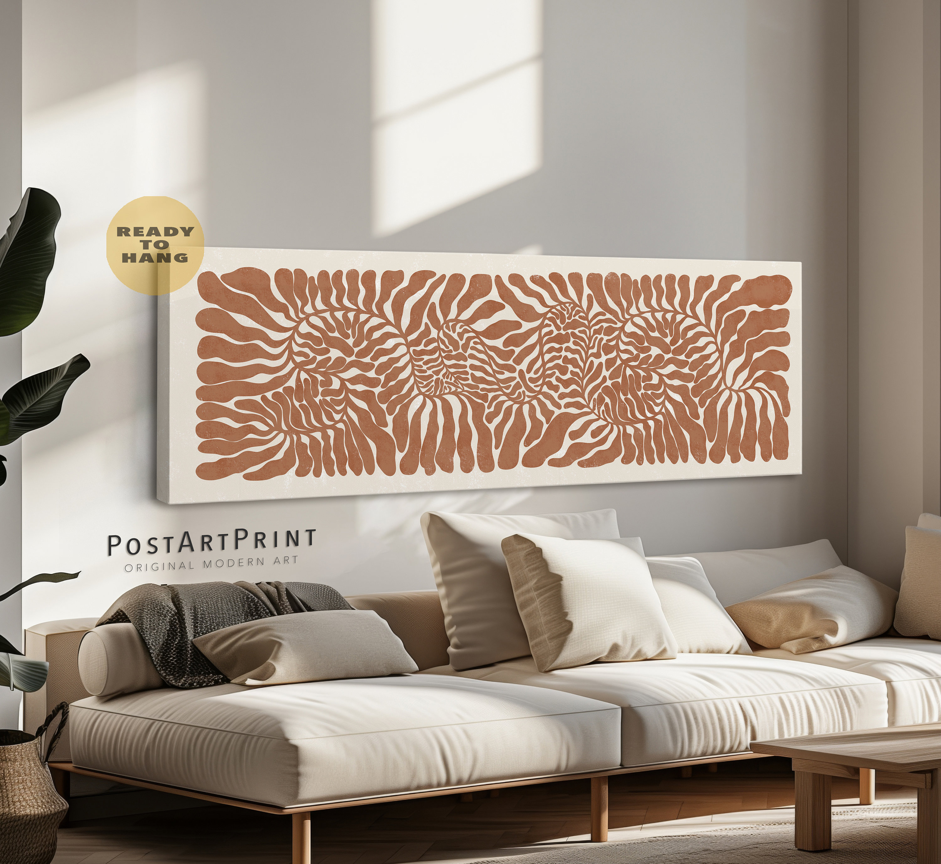Horizontal Framed Canvas, Abstract Botanical, Long Horizontal, Terracotta Wide Art, Long Narrow Decor, Panoramic Mid Century Above Bed Decor