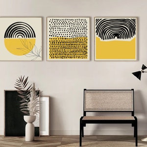 Mid Century Modern, Abstrakter Wandkunst 3er-Set, Gelb Schwarzer abstrakter Druck, moderne Retro Kunst, quadratischer Druck 3er-Set, Wohnzimmerdekor