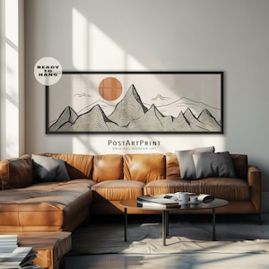 Paisaje de montaña horizontal alargado: Lienzo minimalista enmarcado de mediados de siglo
