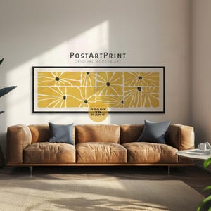 Mid Century Modern Framed Canvas: Yellow Flowers Horizontal Wide Art