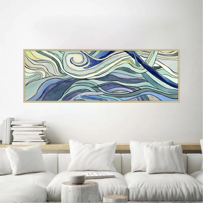 Abstract Long Horizontal Wall Art Blue Green Beige Decor Etsy