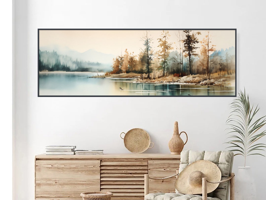 Watercolor Lake Landscape Long Horizontal, Panoramic Wall Art, Lake