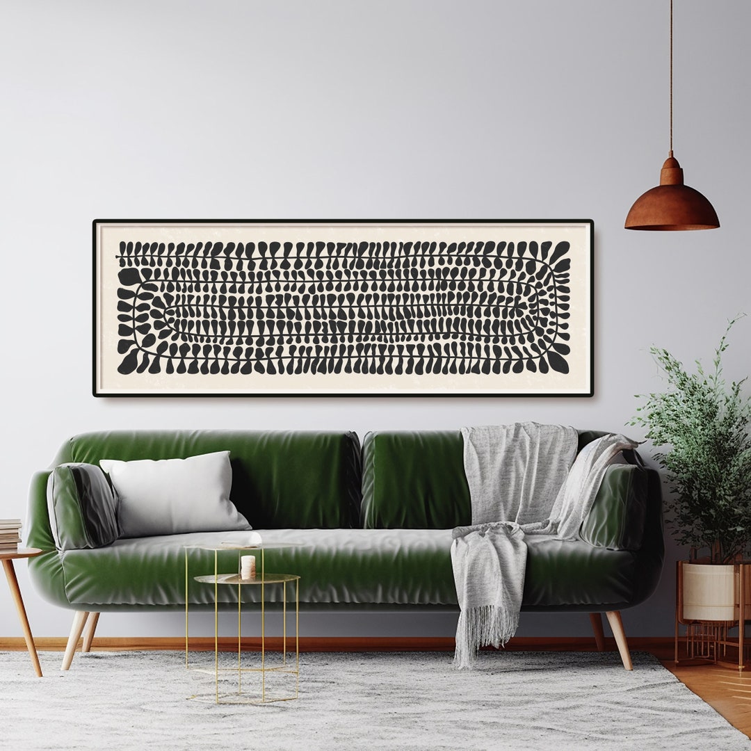 Abstract Botanical, Long Horizontal Art, Black and Beige Wall Art, Wide