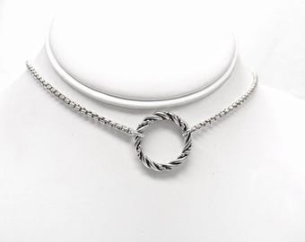 Sterling Silver Sub Collar Choker — Rounded Box Chain with Twisted O Ring Day Collar