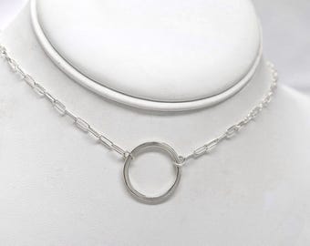 Minimalist O-Ring Collar in Sterling Silver • Polished Ring • Paperclip Chain Sub Necklace