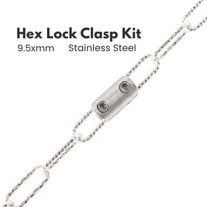 May include: A close-up of a stainless steel Hex Lock Clasp Kit. The kit includes a silver-colored clasp with two screws and a chain. The text "Hex Lock Clasp Kit", "9.5xmm", and "Stainless Steel" are visible.