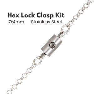 May include: A silver-colored stainless steel hex lock clasp kit measuring 7x4mm, featuring a cylindrical locking mechanism with a central hex screw, connected to a delicate metal chain link necklace on both ends, as shown in the product image.
