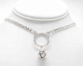 Kitty O Ring Collar Necklace with Jingle Bell – Sterling Silver 4.5mm Cuban Chain – Discreet Pet Play Jewelry – Choose Clasp Style & Length