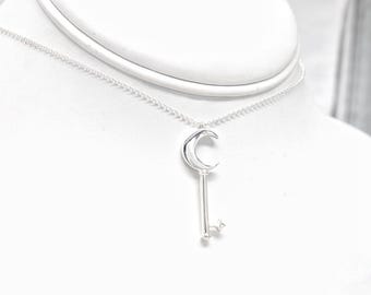 Collar Llave Celestial, Colgante Luna Estrellas, Amuleto Astrológico, Cadena Rolo Delicada