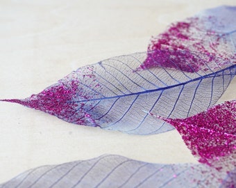 25 Pcs, 4" Real Rubber Tree Glittered Skeleton Leaves, Two Tone Color (Blue + Glittered Pink) for Craft Scrapbooking, Wedding Ideas