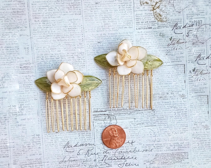 Mini Gold Gardenia Flower Hair Combs, Single or Set of 2 Gold Wire Hairpins
