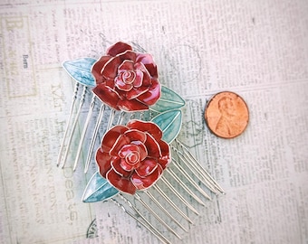 Burgundy Rose Mini French Combs, Burgundy and Blue Flower Hairpins, Handmade Hair Accessories