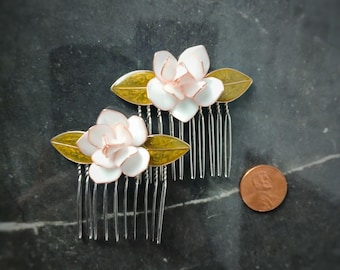 Rose Gold Gardenia Hair Comb Set, Silver Wire Flower Hairpins