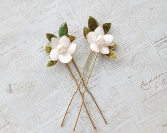 Gardenia Flower Hairpin Set, Set of 2 Gold U Pins