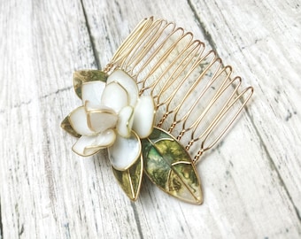 Gardenia/Olive Green Resin Hairpin, Gold Wire Flower Hair Comb, Floral French Comb