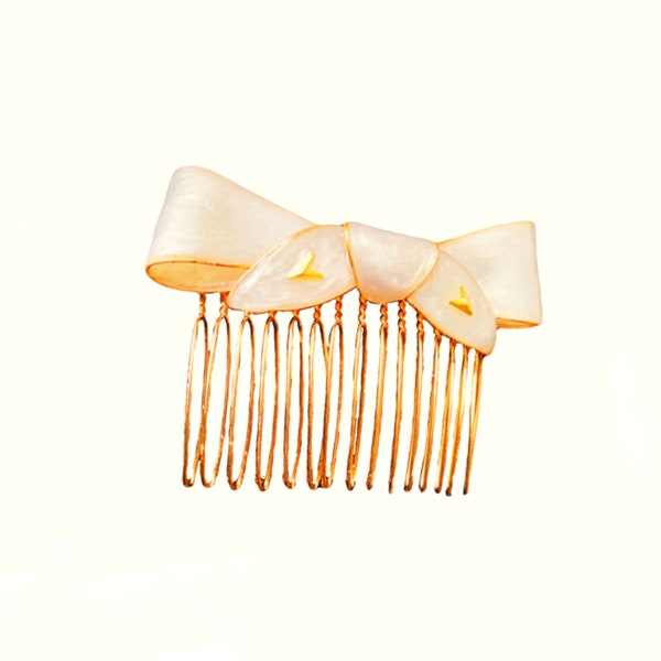 Gold Wire Bow Hair Comb, Satin White Bow Side Comb, Resin Ribbon Hairpin with Gold Accents