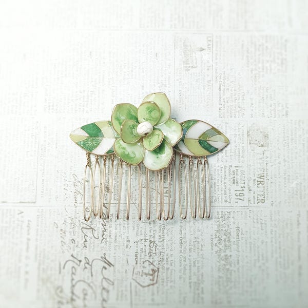 Jade Green Flower Comb, Matcha Green Resin Hair Comb