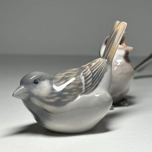 May include: Two ceramic bird figurines. The first bird is in focus, with a gray body, detailed wing patterns, and a light brown tail. The second bird is slightly out of focus, with a similar design. The figurines are on a white surface.