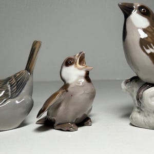 May include: Three ceramic bird figurines in shades of gray, brown, and white. One bird is perched on a small rock, another is singing with its beak open, and the third has its tail feathers visible. The figurines are detailed and appear to be hand-painted.