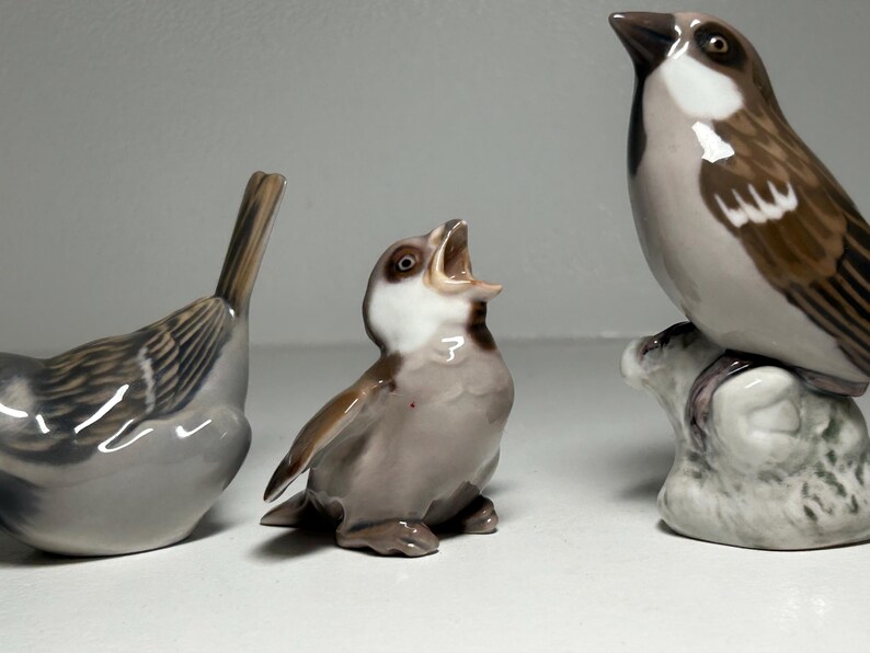 May include: Three ceramic bird figurines in shades of gray, brown, and white. One bird is perched on a small rock, another is singing with its beak open, and the third has its tail feathers visible. The figurines are detailed and appear to be hand-painted.