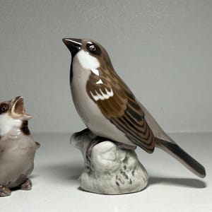 May include: Two ceramic bird figurines. One is a sparrow perched on a rock, with brown, white, and gray feathers. The other is a smaller bird with an open beak, in shades of brown and white. The figurines are on a white surface.
