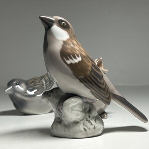 May include: Two ceramic bird figurines. One bird is perched on a gray rock, with brown and white feathers. The other bird is in the background, in a resting position. The figurines are detailed and have a glossy finish.