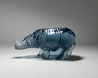 Reijmyre Sweden Glass Art Figurine by Paul Hoff for WWF 1984, Rhino,8000 pieces. Signed