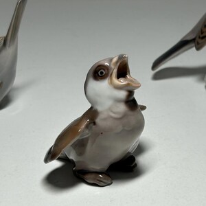 May include: Three ceramic bird figurines in shades of gray, brown, and white. One bird is depicted with its beak open, as if singing. The other two birds are in different poses. The figurines are on a white surface.