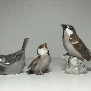May include: Three ceramic bird figurines in shades of gray, brown, and white. One bird is perched on a rock, another has its beak open, and the third is in a resting position. The figurines are detailed and realistic.