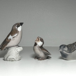 May include: Three ceramic bird figurines in shades of gray, brown, and white. One bird is perched on a textured base, another has its beak open, and the third is in a resting position. The figurines are detailed and appear to be decorative.