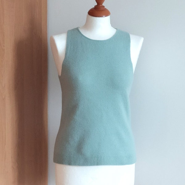 Sage Green Sleeveless Knit Wool Top For Woman, Vintage Elegant Minimalist Sweater Blouse Tear Drop Closure, Capsule Wardrobe Knit Clothes