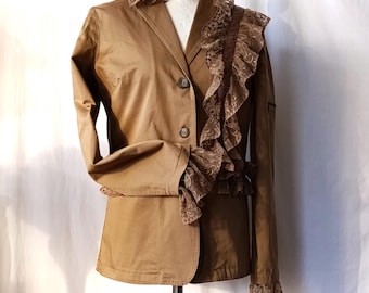 Upcycled Boho Jacket Blazer with Lace Ruffles Metal Blinks and Zippers, Artsy Embellished Coat