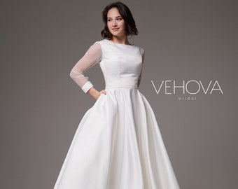 Short Wedding Dress Long Sleeve, Minimalist Dress for Wedding with pockets