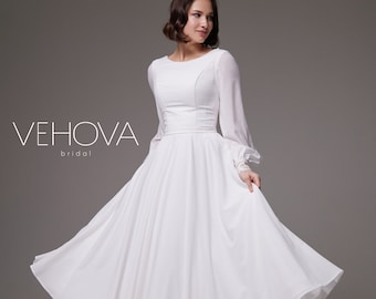 Chiffon Wedding Dress Long Sleeve, Tea Length Short Dress for Wedding, Minimalist Wedding Dress with Sleeves, Plus Size Wedding Dress