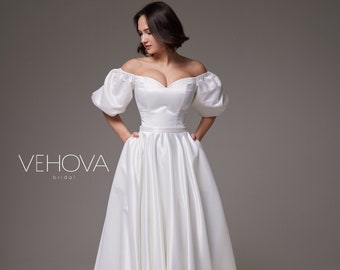 Off the Shoulder Wedding Dress Satin Sleeves, Corset Wedding Dress Minimalist