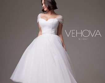 Robe de mariée longueur thé vintage, Robe de mariée courte grande taille, Robe de mariée à épaules dénudées
