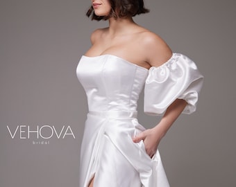 Satin Wedding Dress with Detachable Sleeves, Minimalist A line Wedding Dress with Slit, Corset Wedding Dress