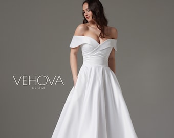 Abito da sposa lunghezza tè, abito da sposa corto, abito da sposa taglie forti, abito da sposa con spalle scoperte