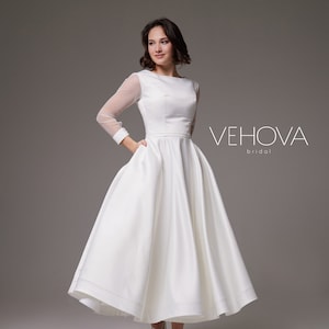 Short Wedding Dress Long Sleeve, Minimalist Dress for Wedding with pockets