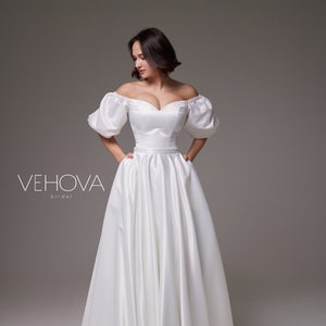 Off the Shoulder Wedding Dress Satin Sleeves, Corset Wedding Dress Minimalist