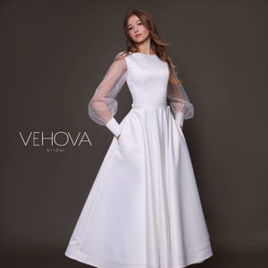 Tea Length Modest Wedding Dress Long Sleeves, Short Wedding Dress with pockets, Satin Wedding Dress