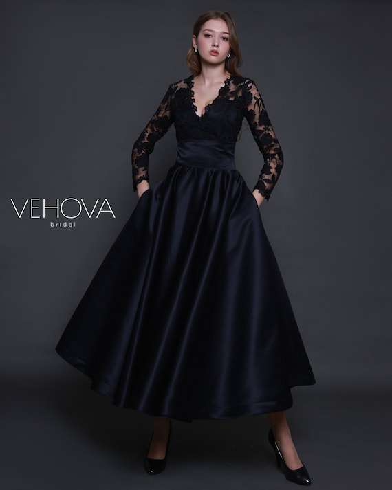 black lace tea length wedding dress Black Loyal Wedding Dresses A-Line Long Sleeves Lace Lace Tea-Length Bridal Dress