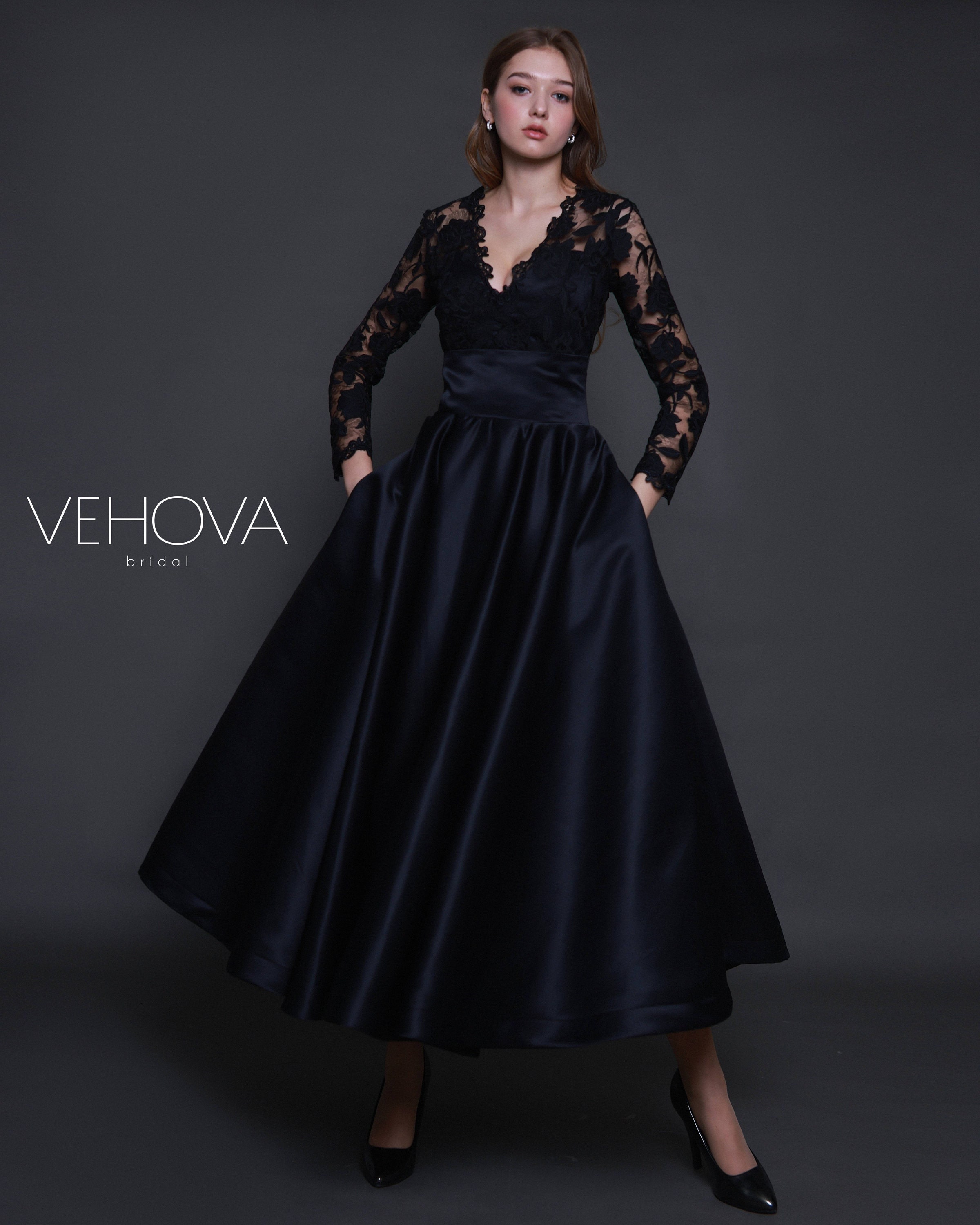Black Wedding Dress Lace, Long Sleeve Short Wedding Dress Tea Length, Alternative Wedding Dress