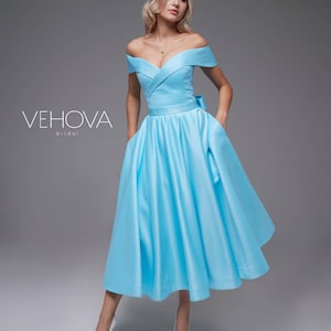 Blue Wedding Dress for bride, Tea Length Wedding Dress Short with pockets, Midi Wedding Dress Colored