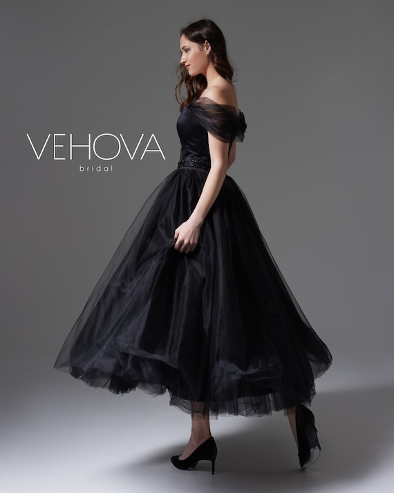 Black Wedding Dress, Gothic Wedding Dress, Tea Length Short Wedding Dress with Straps, Plus Size Wedding Dress, Alternative Wedding Dress