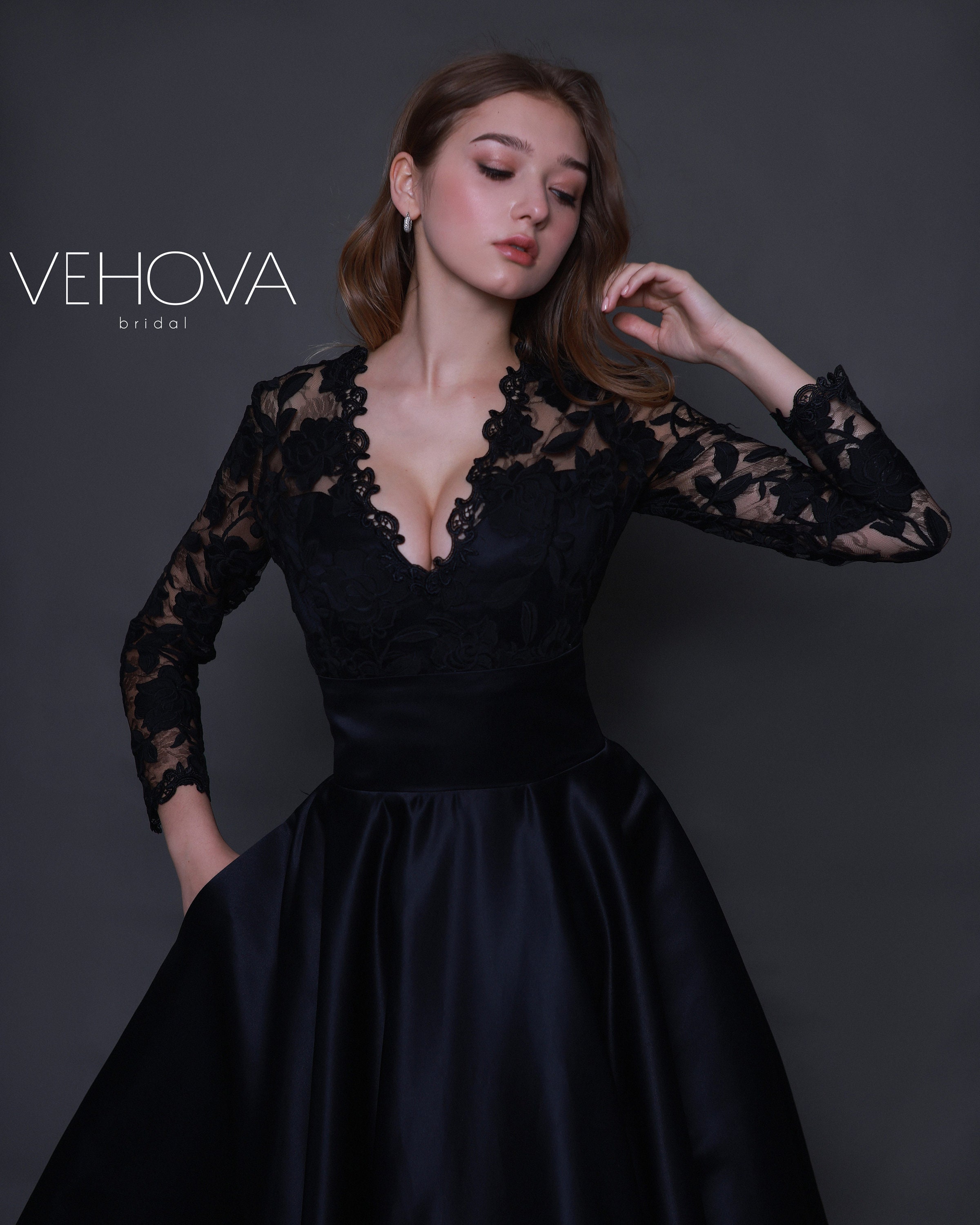 Black Wedding Dress Short Long Sleeve Lace Wedding Dress With Etsy